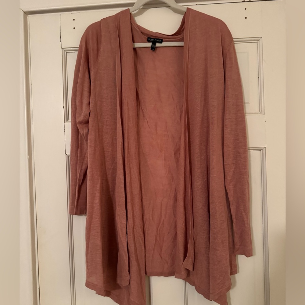 Eileen Fisher Pink Linen Blend Open Front Cardigan Size L